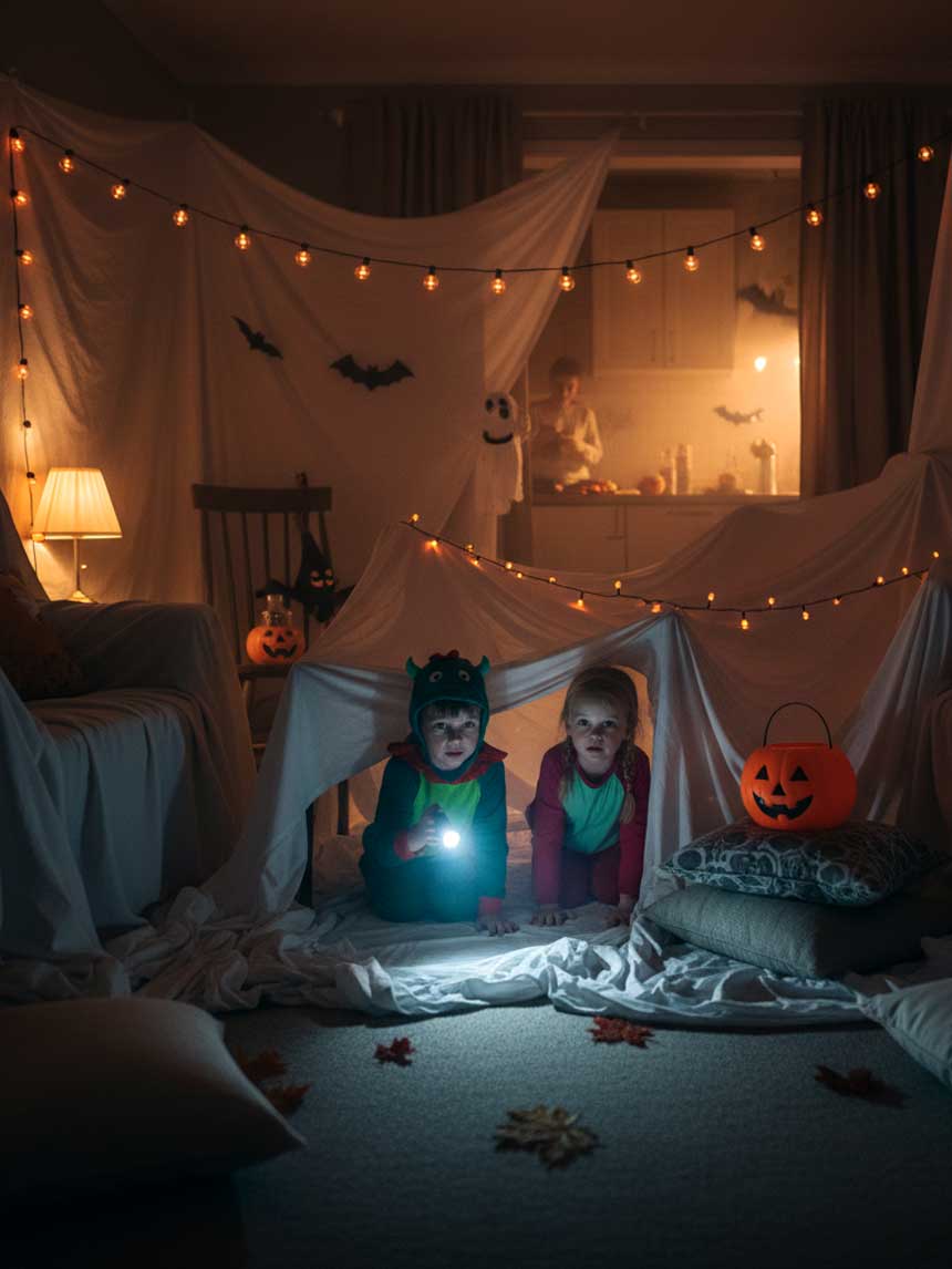 Enfants explorant un labyrinthe d'ombres fait maison pour Halloween à Angoulême ou Saint-Même-les-Carrières