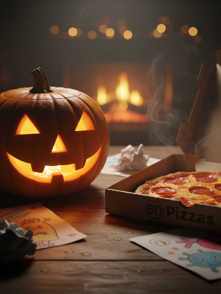 Distribution rapide d'une pizza BD Pizzas via un distributeur automatique pour une fête d'Halloween